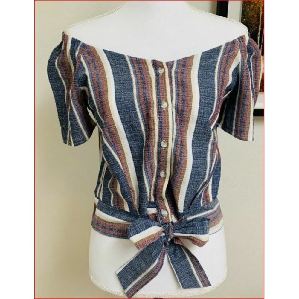 Drew Women Striped Off Shoulder Blouse Blue Maroon BM12428 Small